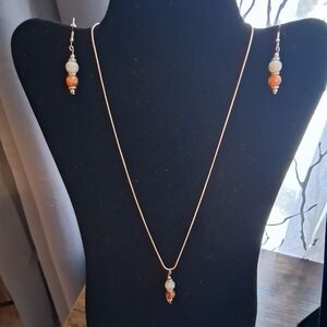 Delicate Orange Bead Pendant Necklace and Earring Set